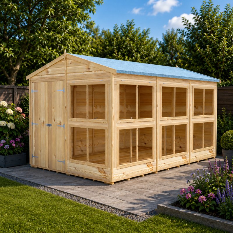 8x12 Shire Sun Hut Potting Shed with large glazed windows in a garden setting