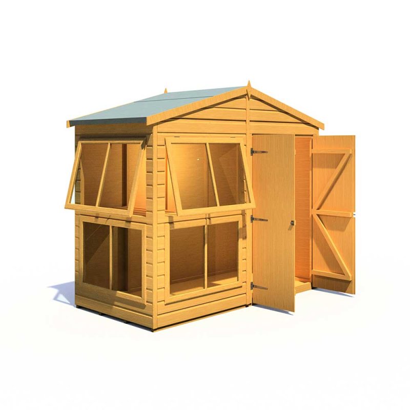8x4 Shire Sun Hut Shiplap Apex Potting Shed - doors and windows open and door on right