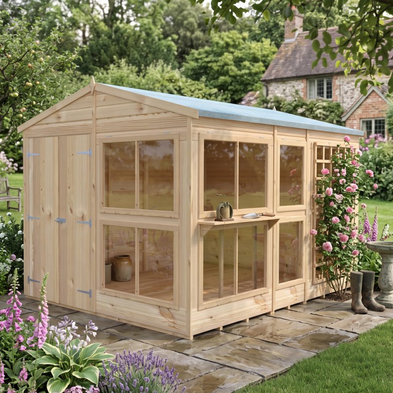 8x10 Shire Sun Hut Potting Shed with glazed windows and timber door in a garden setting