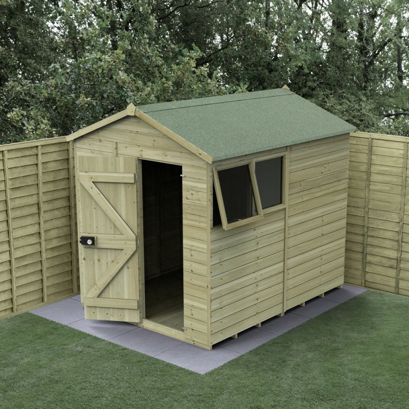 Forest Timberdale apex wooden shed 8x6 exterior angled view with double doors open