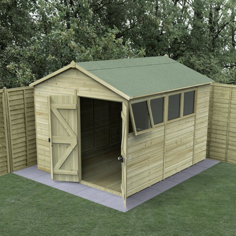 Forest Timberdale apex shed 10x8 with double doors open in garden