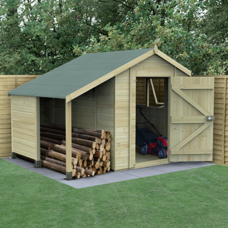 8x6 Forest Timberdale Tongue and Groove Apex Shed With Log store - in situ, angle view, doors open