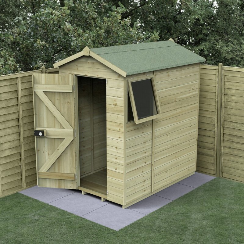 Forest Timberdale 6x4 apex wooden shed with door open in garden