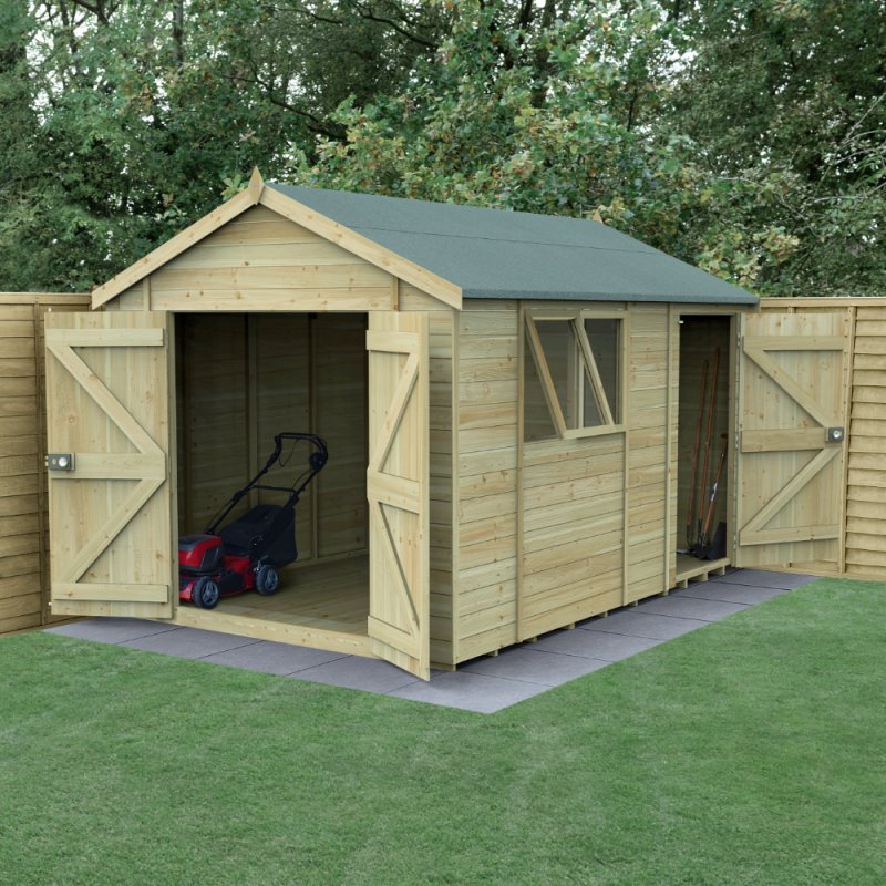 12x8 Forest Timberdale Tongue and Groove Apex Shed With Double and Single Doors - in situ