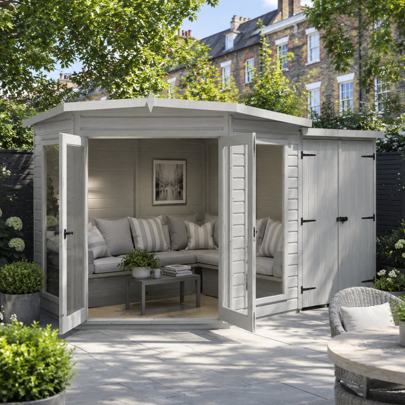 7 x 11 Shire Barclay Corner Summerhouse With Side Shed - in situ, angle view, doors open