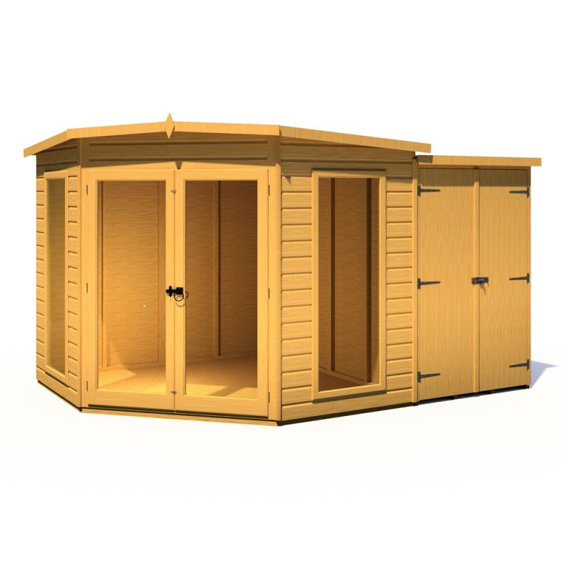8x12 Shire Barclay Corner Summerhouse with Side Shed - isolated angle view, doors closed