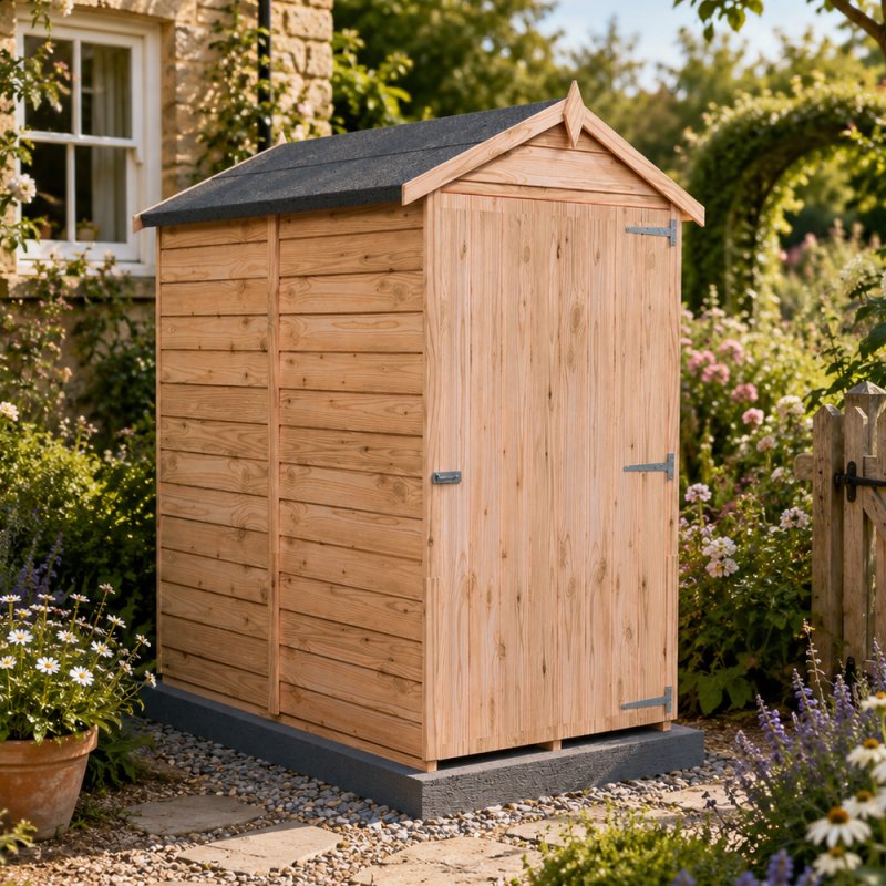 3x5 Shire Value Overlap Windowless Shed - in situ, angle view
