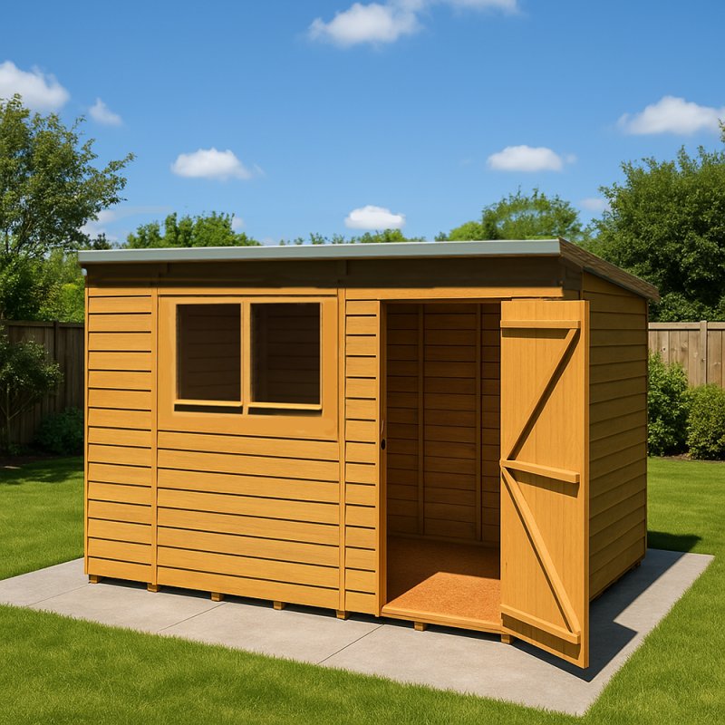 10 X 6 Shire Overlap Pent Shed - Isolated Angle View - in situ