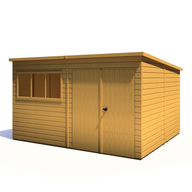 12x10 Shire Ranger Premium Pent Shed With Double Doors - isolated angle view, doors closed