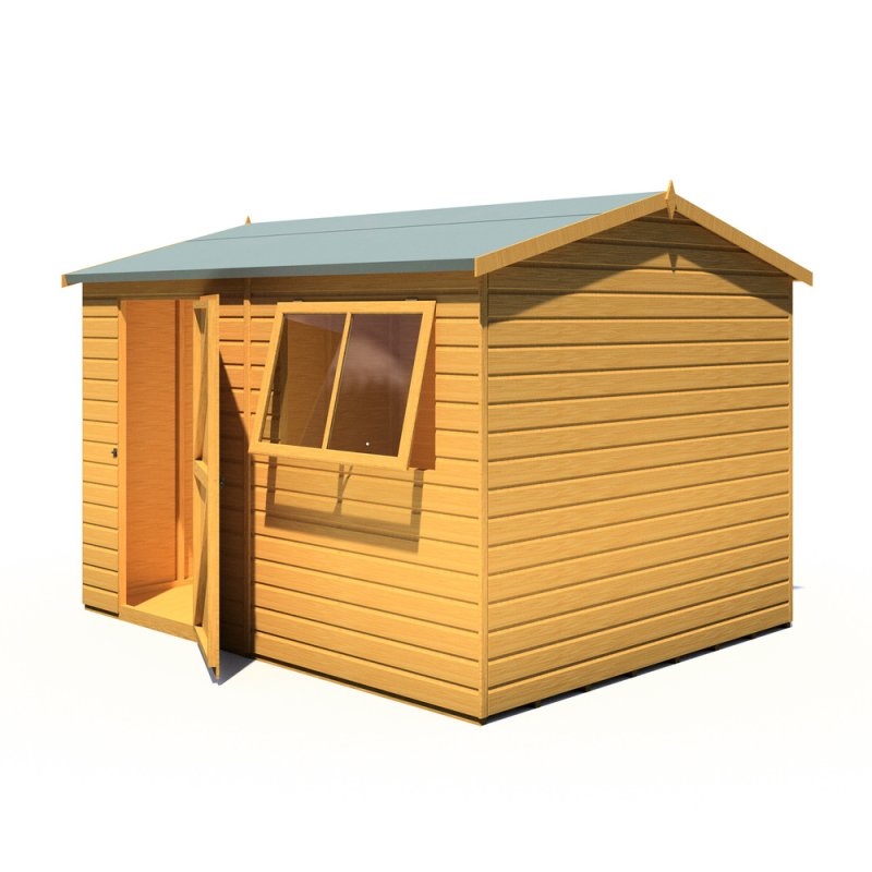 10x8 Shire Lewis Professional Reverse Apex Shed Door In Left Hand Side - isolated angle view, doors open