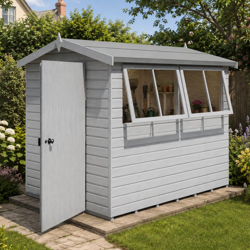 Shire Atlas 8x6 apex wooden garden shed painted light grey with double doors open to an interior workshop and multiple opening side windows.