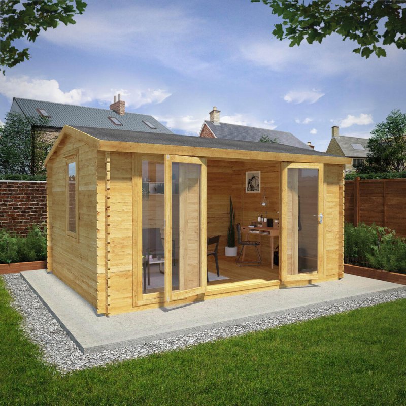 4.5m x 3.5m Mercia Home Office Director Log Cabin (34mm To 44mm Logs) - in situ, angle view, doors open