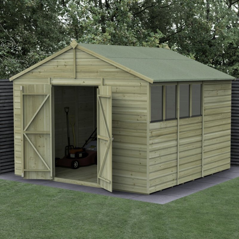 10 X 10 Forest Beckwood Tongue & Groove Apex Wooden Shed With Double Doors 25yr Guarantee - in situ, angle view, doors open