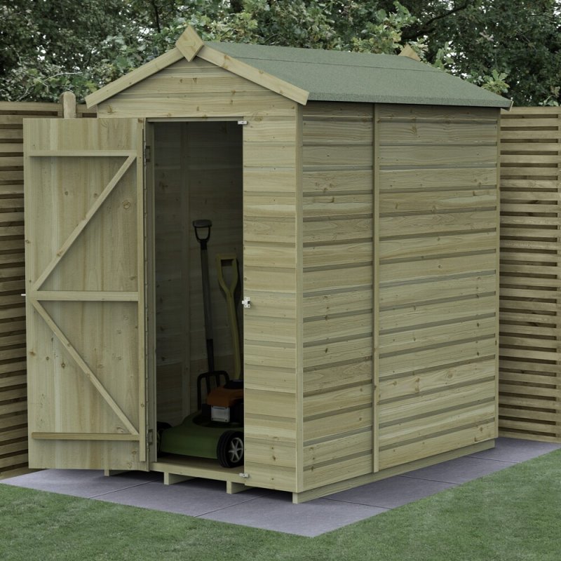 6x4 Forest Beckwood Tongue & Groove Windowless Apex Wooden Shed - in situ, angle view, doors open