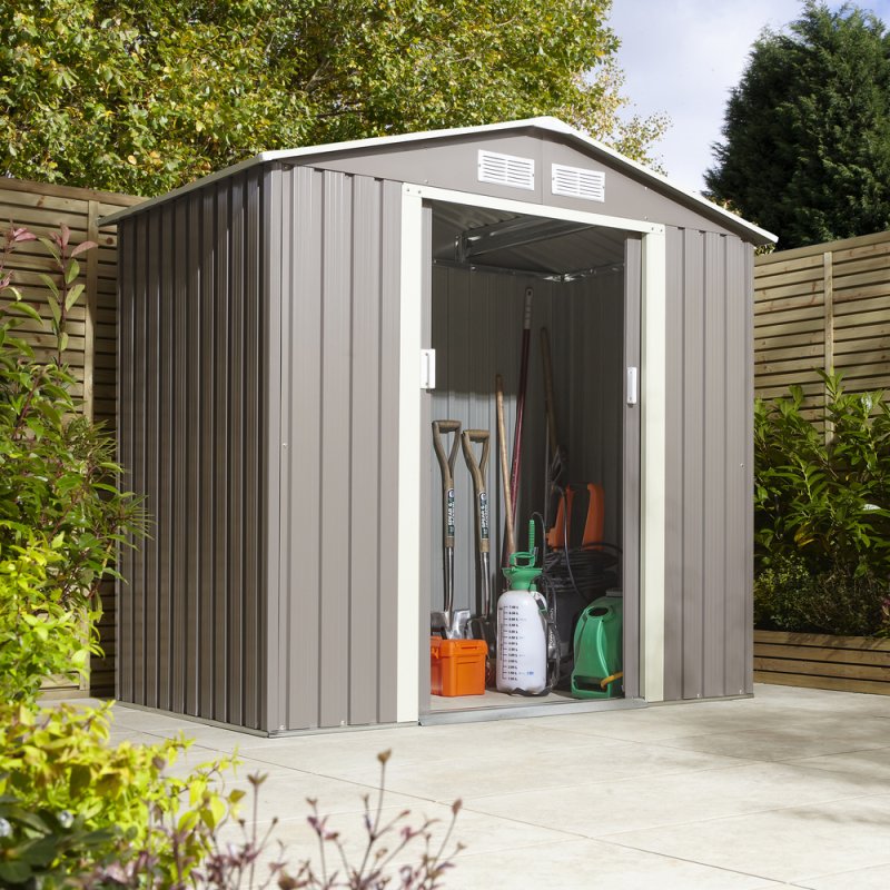 6x4 Rowlinson Trentvale Metal Apex Shed In Light Grey - in situ, angle view, doors open