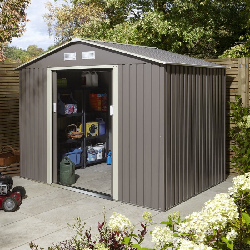 8x6 Rowlinson Trentvale Metal Apex Shed in Light Grey - in situ, angle view, doors open