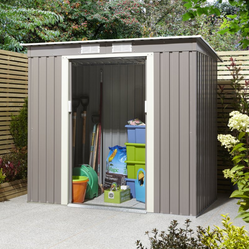 6x4 Rowlinson Trentvale Metal Pent Shed in Light Grey - in situ, angle view, doors open