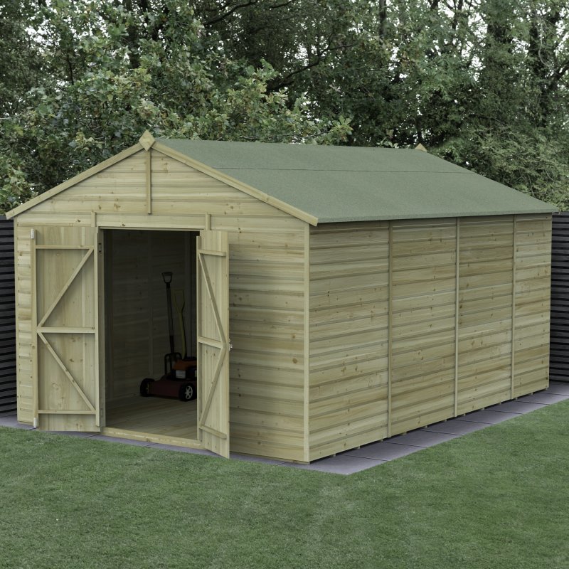 10x15 Forest Beckwood Tongue & Groove Windowless Apex Wooden Shed with Double Doors - in situ, angle view, doors open