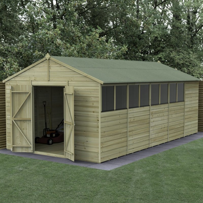 10x20 Forest Beckwood Tongue & Groove Apex Wooden Shed with Double Doors  - in situ, angle view, doors open