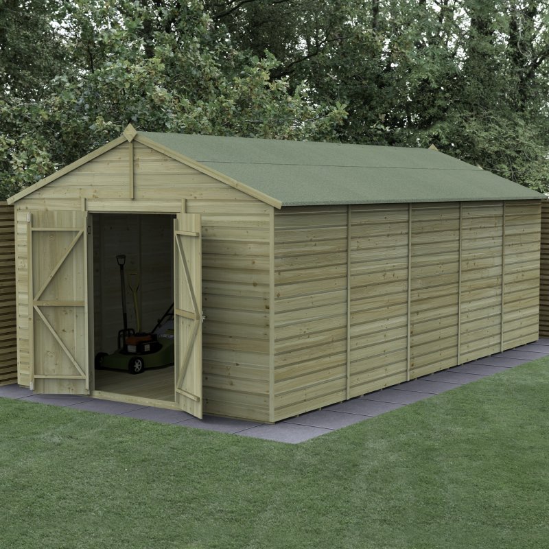 10x20 Forest Beckwood Tongue & Groove Windowless Apex Wooden Shed with Double Doors - in situ, angle view, doors open