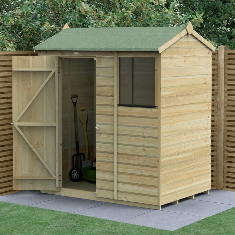 6x4 Forest Beckwood Tongue & Groove Reverse Apex Wooden Shed - in situ, angle view, doors open