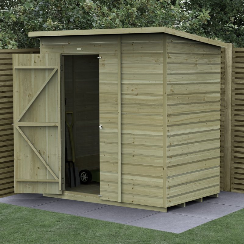 6x4 Forest Beckwood Tongue & Groove Windowless Pent Wooden Shed - in situ, angle view, doors open