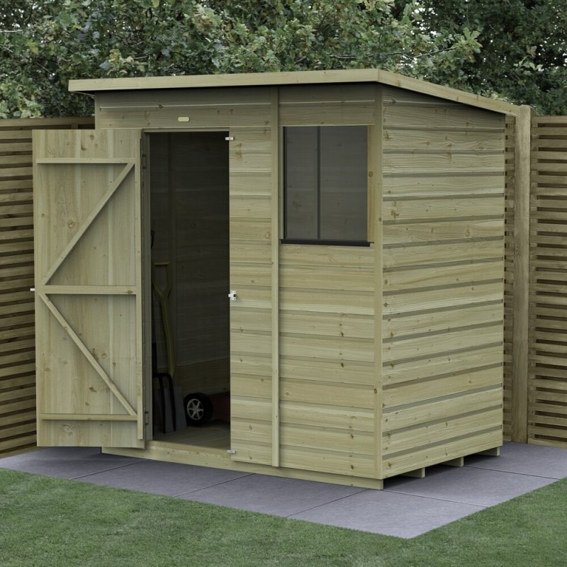6x4 Forest Beckwood Tongue & Groove Pent Wooden Shed - in situ, angle view, doors open