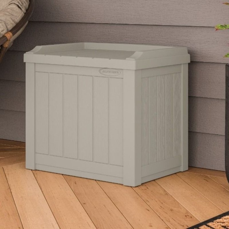 Suncast Light Taupe Storage Seat - 83 Litre Capacity - in situ, angle view