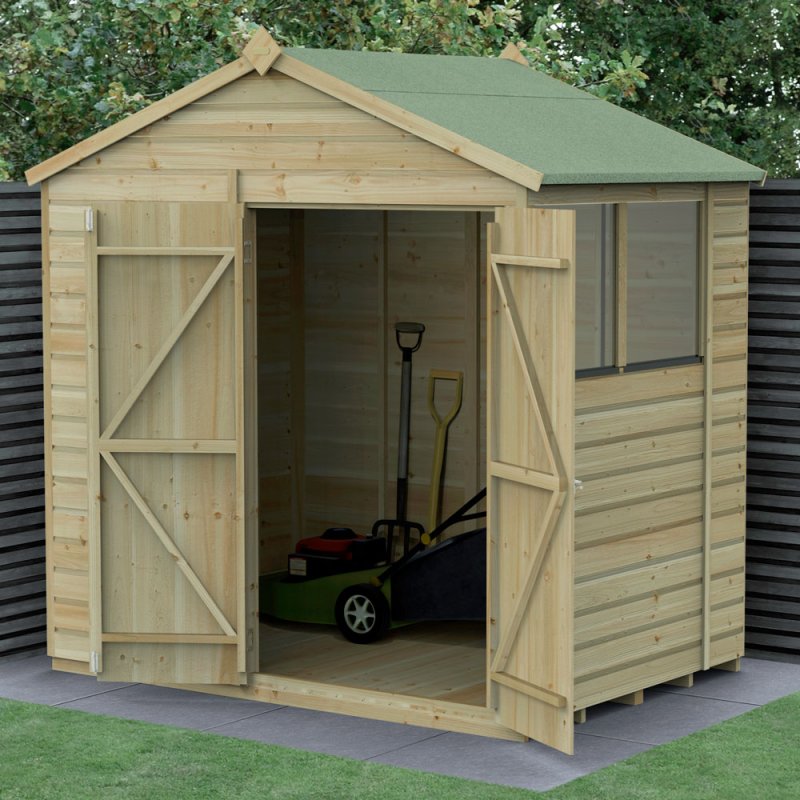 7x5 Forest Beckwood Tongue & Groove Apex Wooden Shed with Double Doors - in situ, angle view, doors open