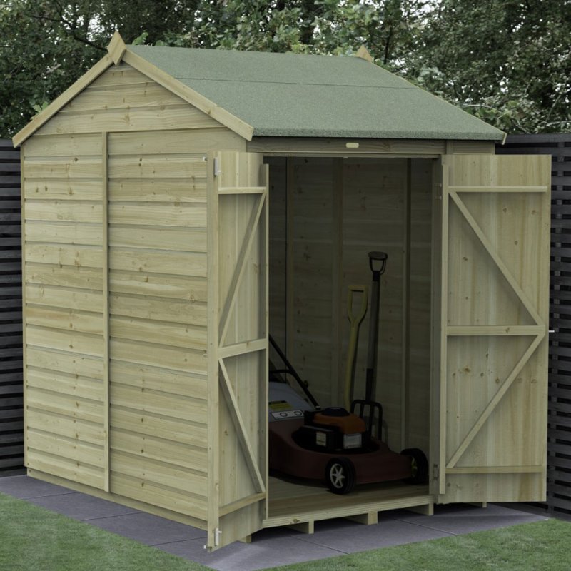 7x5 Forest Beckwood Tongue & Groove Reverse Apex Windowless Wooden Shed - in situ, angle view, doors open