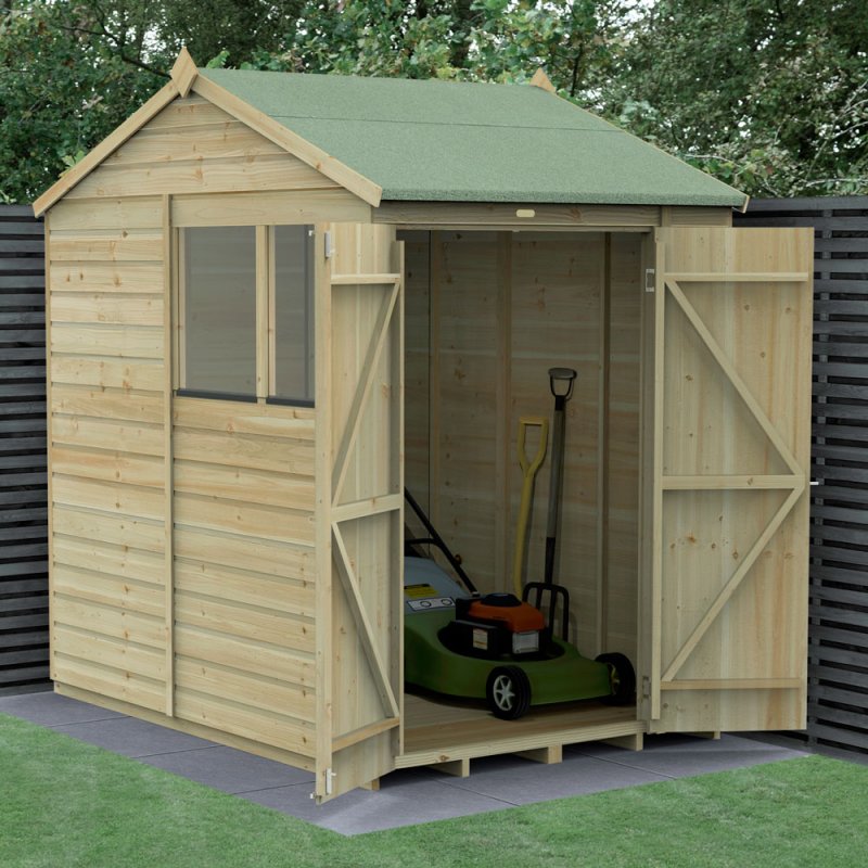 5x7 Forest Beckwood Tongue & Groove Reverse Apex Wooden Shed - in situ, angle view, doors open