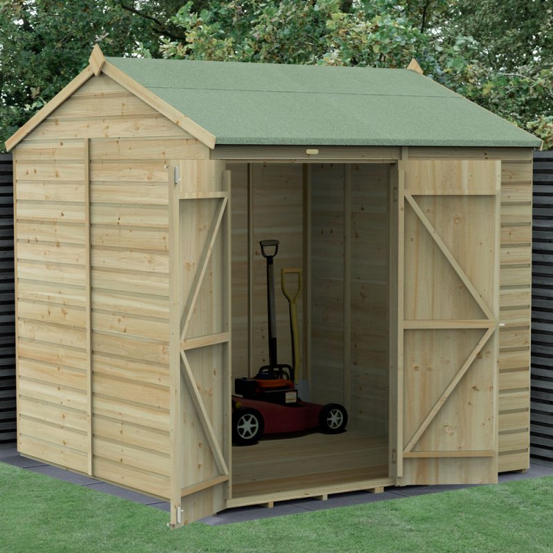 7x7 Forest Beckwood Tongue & Groove Windowless Reverse Apex Wooden Shed - in situ, angle view, doors open
