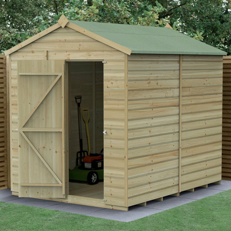 6x8 Forest Beckwood Tongue & Groove Windowless Apex Wooden Shed - in situ, angle view, doors open
