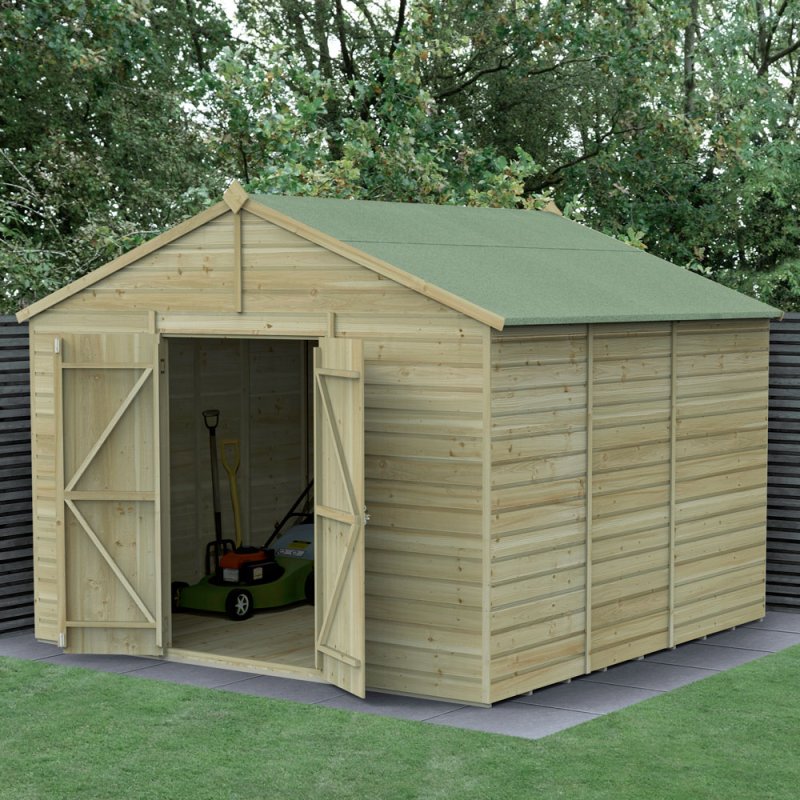 10x10 Forest Beckwood Tongue & Groove Windowless Apex Wooden Shed - in situ, angle view, doors open