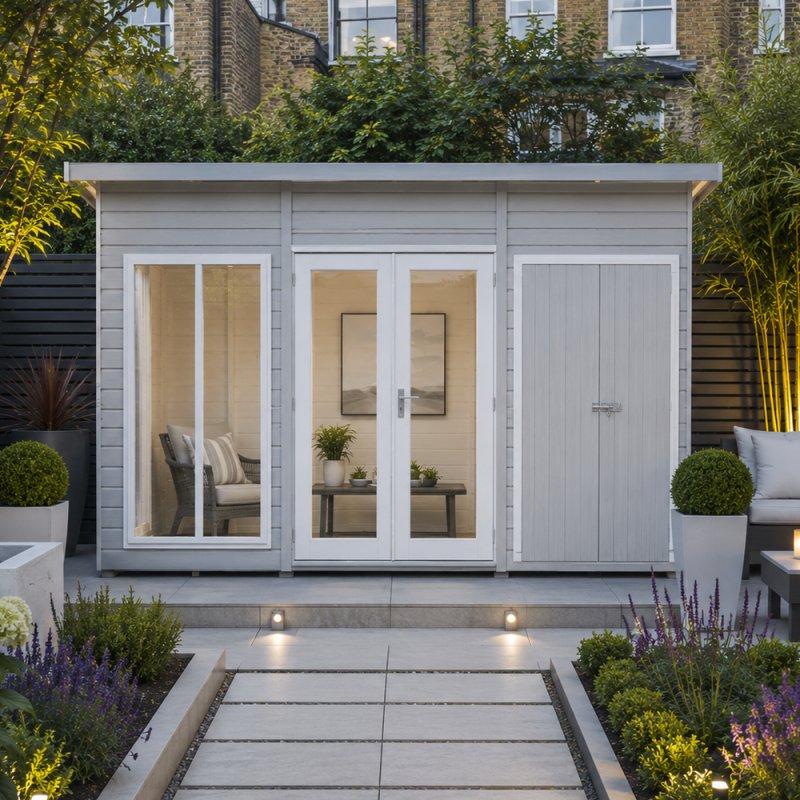 12 x 6 Shire Lela Pent Summerhouse With Side Shed - in situ, angle view