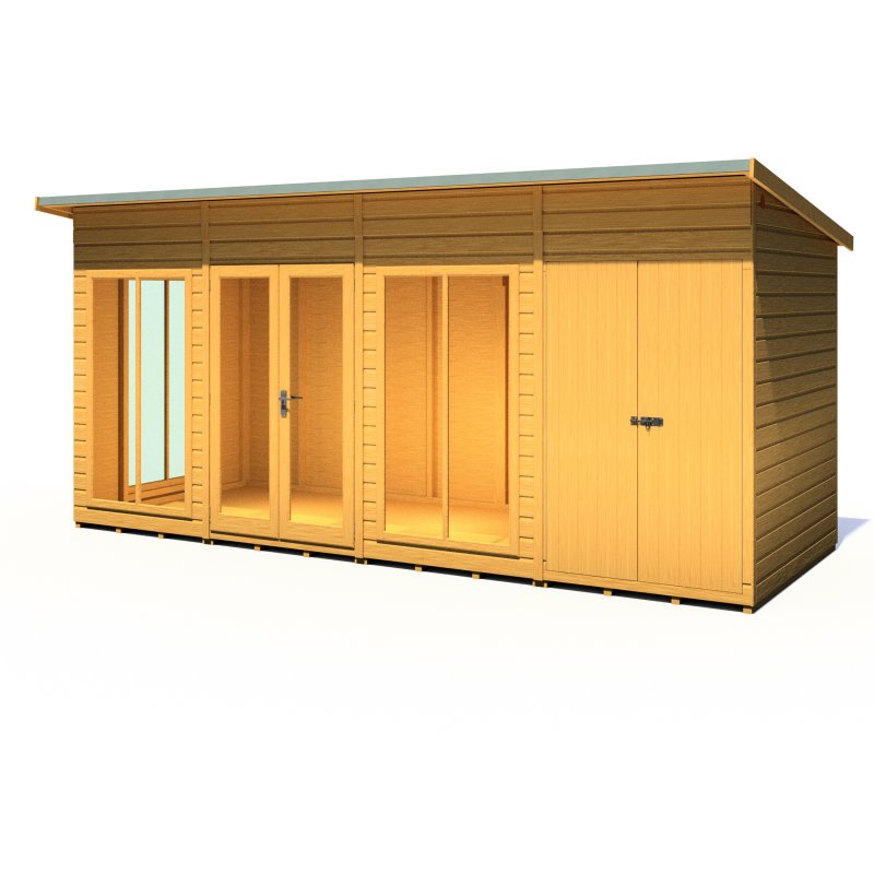 16x6 Shire Lela Pent Summerhouse with Side Shed - isolated angle view, doors closed