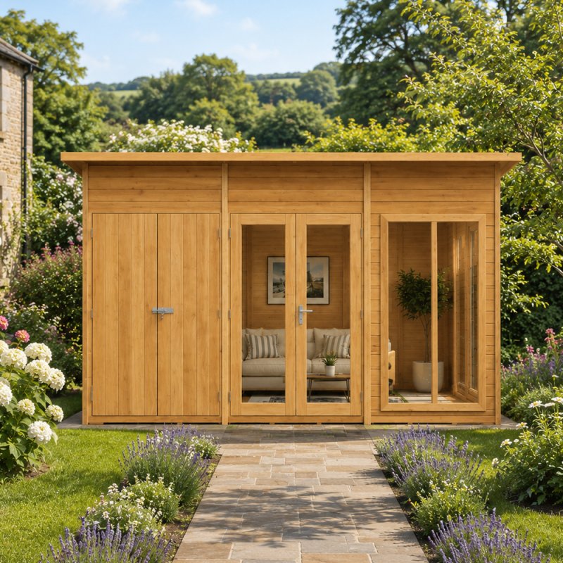 12 x 8 Shire Lela Pent Summerhouse With Side Shed - in situ