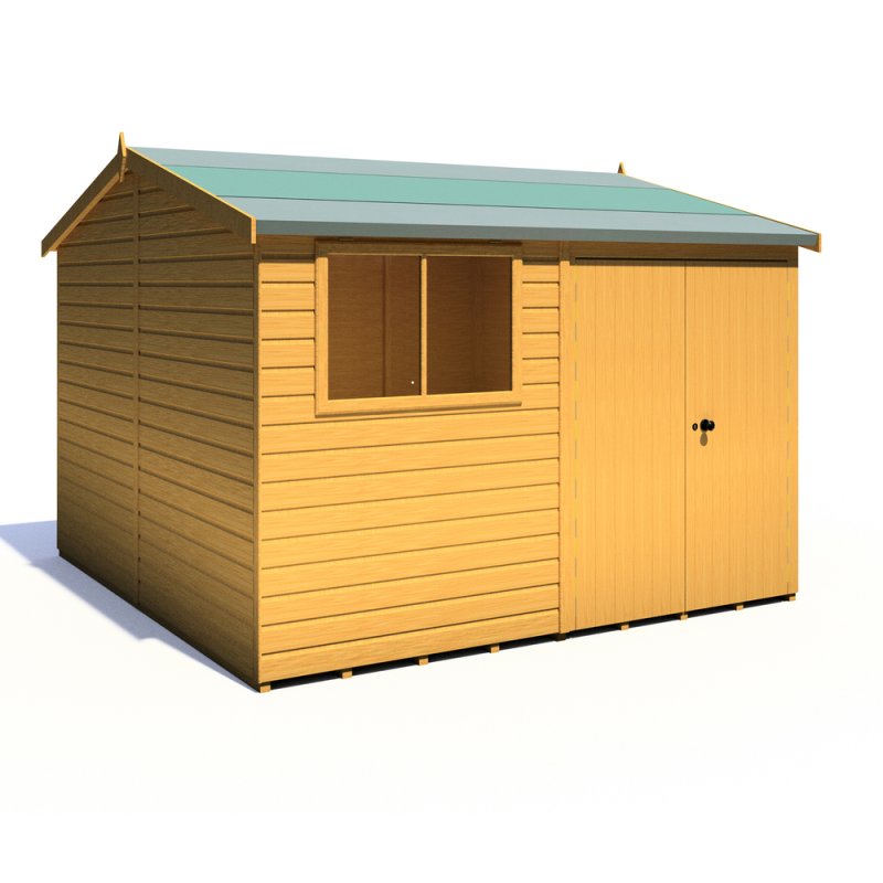 10x10 Shire Reverse Apex Workspace Workshop Wooden Shed with Double Doors - isolated angle view, doors closed