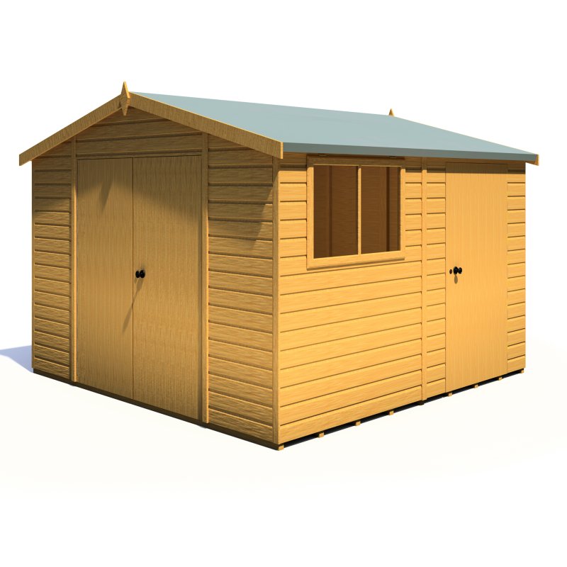 10x10 Shire Reverse Apex Workspace Workshop Wooden Shed with Single & Double Door - isolated angle view