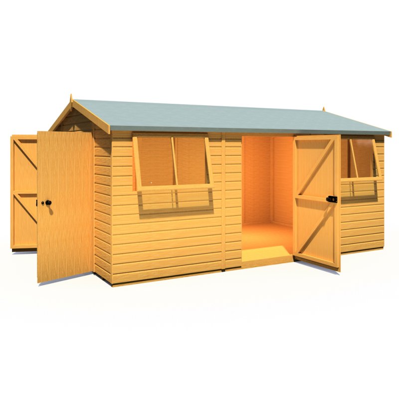 10 x 15 Shire Reverse Apex Workspace Workshop Wooden Shed with Single and Double doors - isolated angle view, doors open