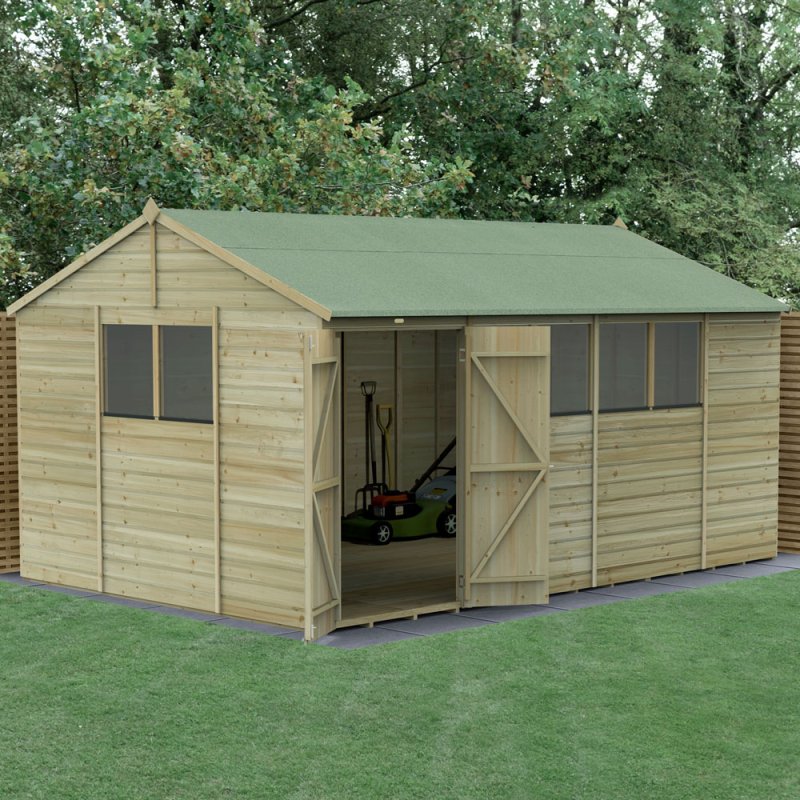 15x10 Forest Beckwood Tongue & Groove Reverse Apex Wooden Shed with Double Doors - in situ, angle view, doors open