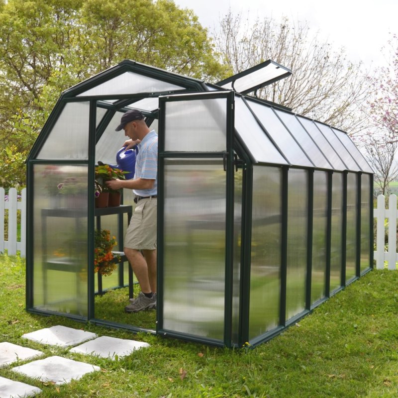 6x12 Palram Canopia EcoGrow Greenhouse - in situ, angle view, doors open