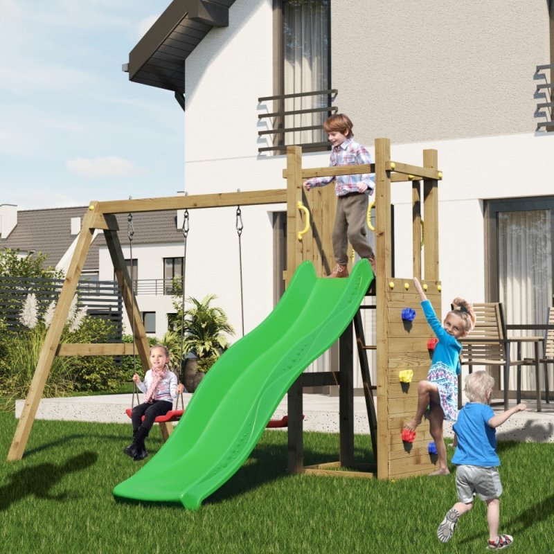 Shire Rumble Ridge Rock Wall with Double Swing & Slide - Funny 3 - in situ - angle view