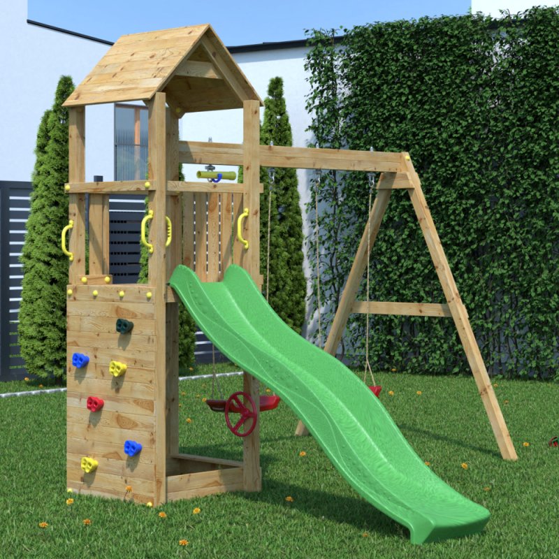 Shire Sky High Hideout with Double Swing & Slide - Flappi - in situ, angle view