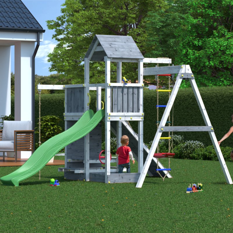 Shire Activer Tower in Grey & White with Single Swing & Slide - in situ, angle view