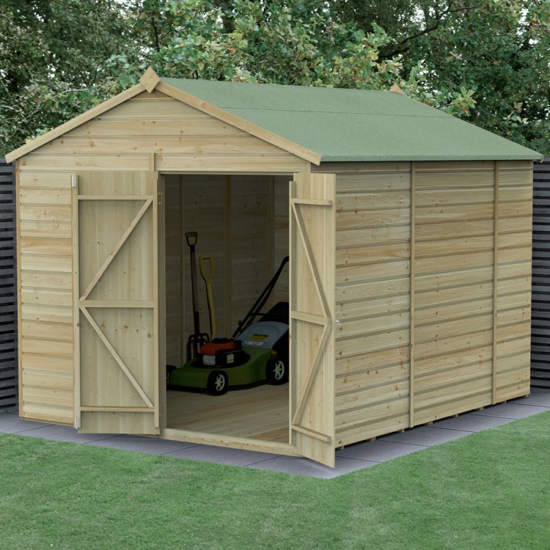 10x8 Forest Beckwood Windowless Tongue & Groove Apex Wooden Shed With Double Doors - in situ, angle view