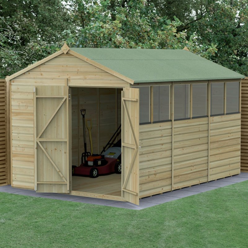 12x8 Forest Beckwood Tongue & Groove Apex Wooden Shed with Double Doors - in situ, angle view, doors open