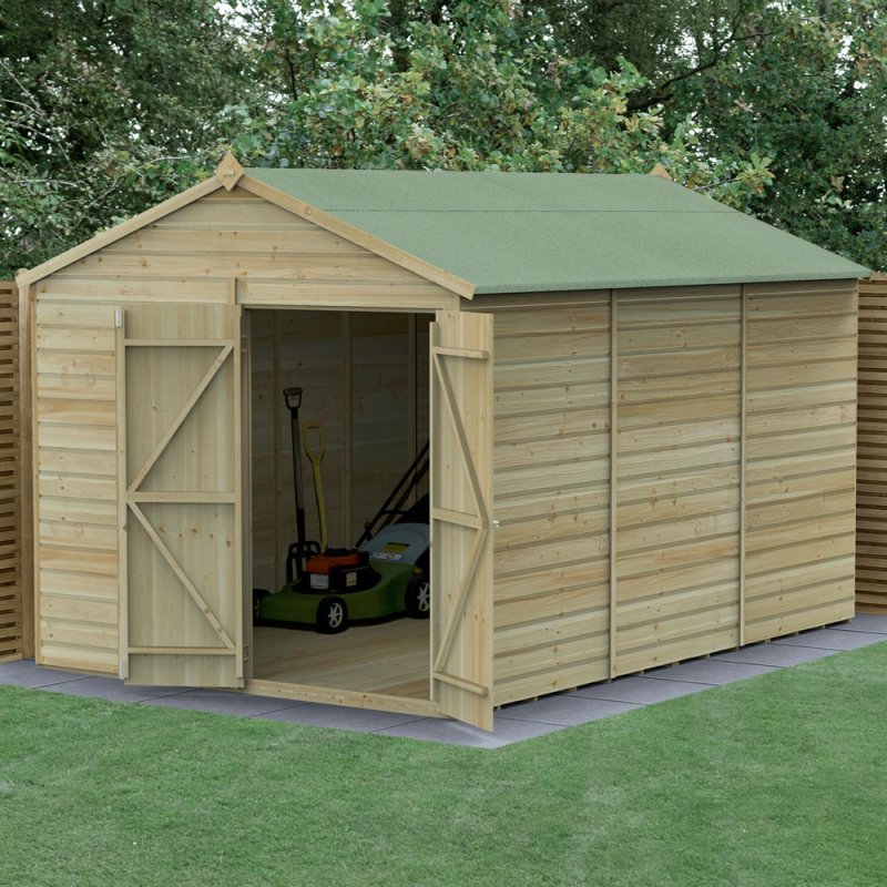 12x8 Forest Beckwood Windowless Tongue & Groove Apex Wooden Shed with Double Doors - in situ, angle view, doors open