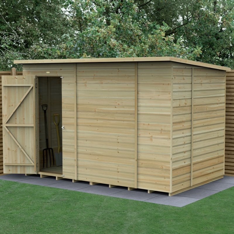 10x6 Forest Beckwood Shiplap Pent Windowless Wooden Shed - in situ, angle view, doors open