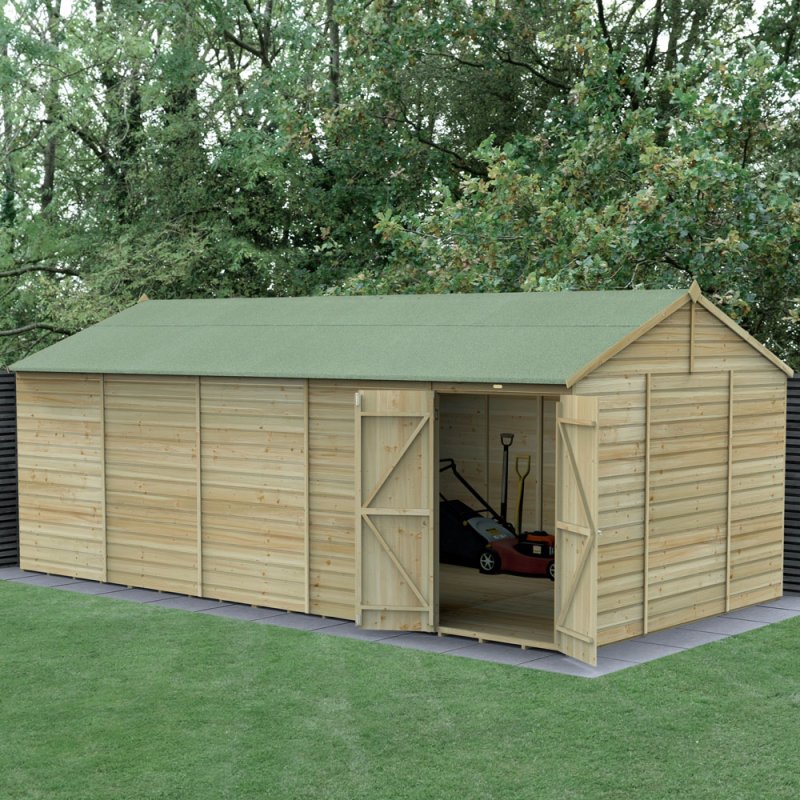 20x10 Forest Beckwood Shiplap Windowless Reverse Apex Wooden Shed with Double doors - in situ, angle view, doors open
